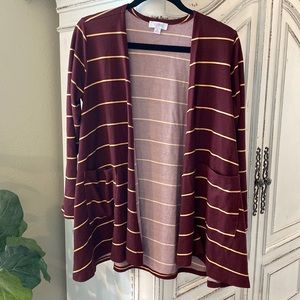 LuLaRoe Maroon Striped Open Front Cardigan, Women’s size Medium